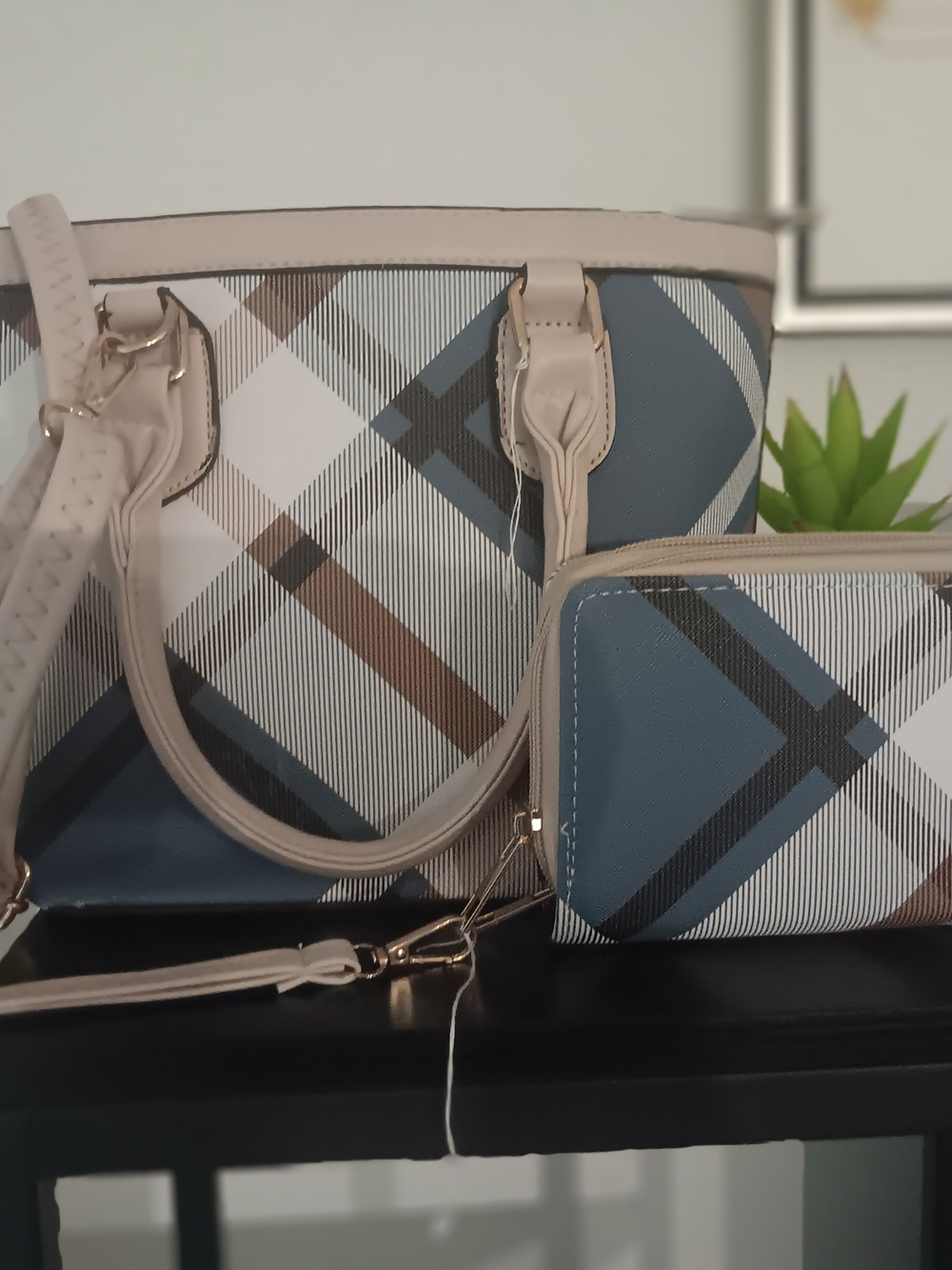 & Other Stories Blue, Beige & Brown Plaid Tote with Matching Wallet